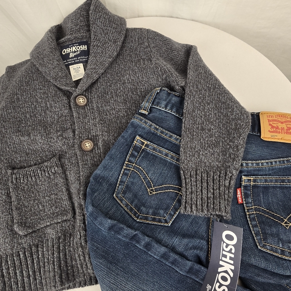 NWT OshKosh Gray Cardigan Sweater and Levi's 505 Blue Jeans Set Sz 3T